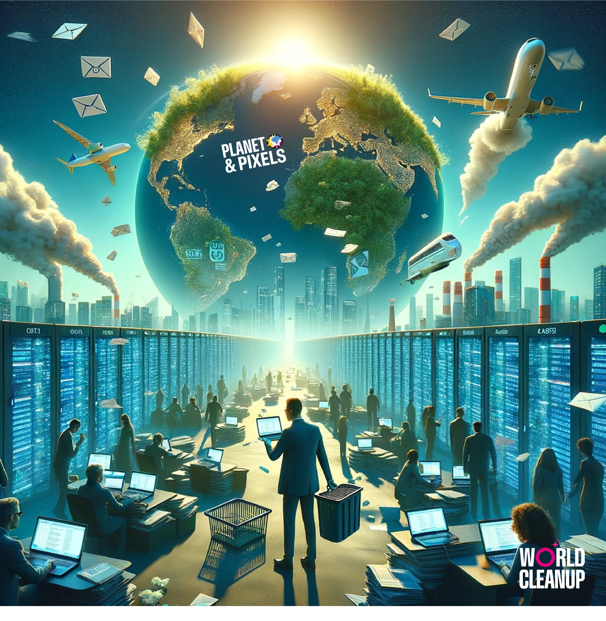 Planet & Pixels key visual: a planet above rows of servers, people clearing up digital clutter
