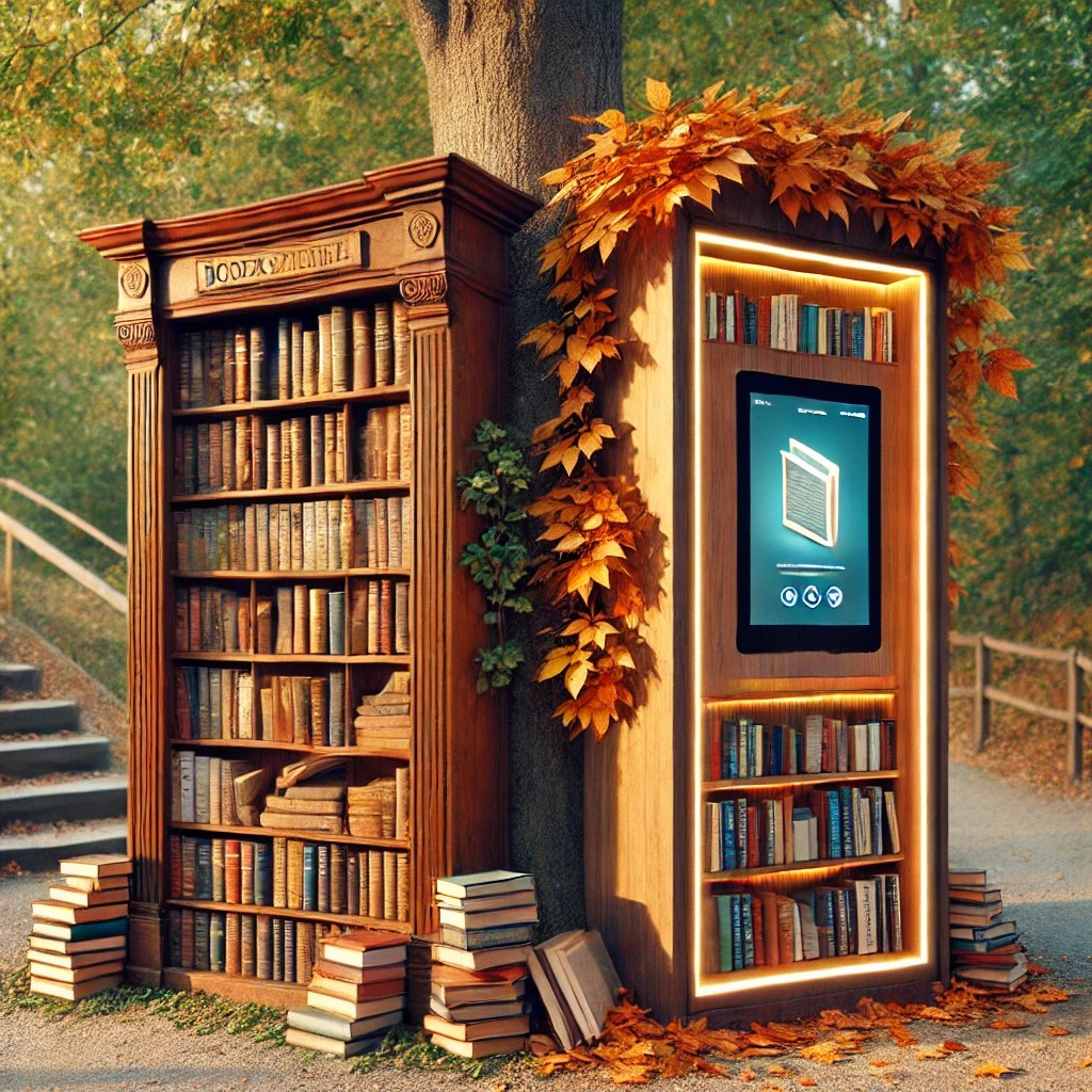 Illustration: a wooden bookshelf next to a digital book box in a park