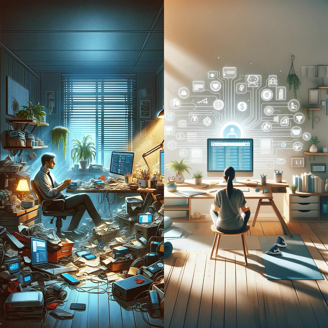 Illustration: a cluttered, dark workplace next to a calm, ordered workplace