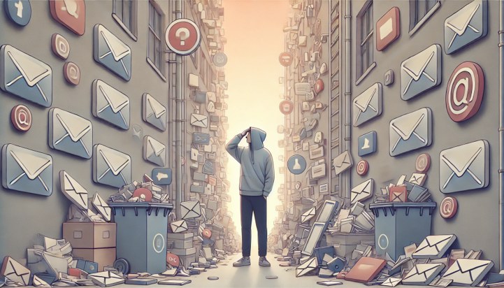 Illustration: a person in a narrow street with walls of e-mail icons and overflowing bins