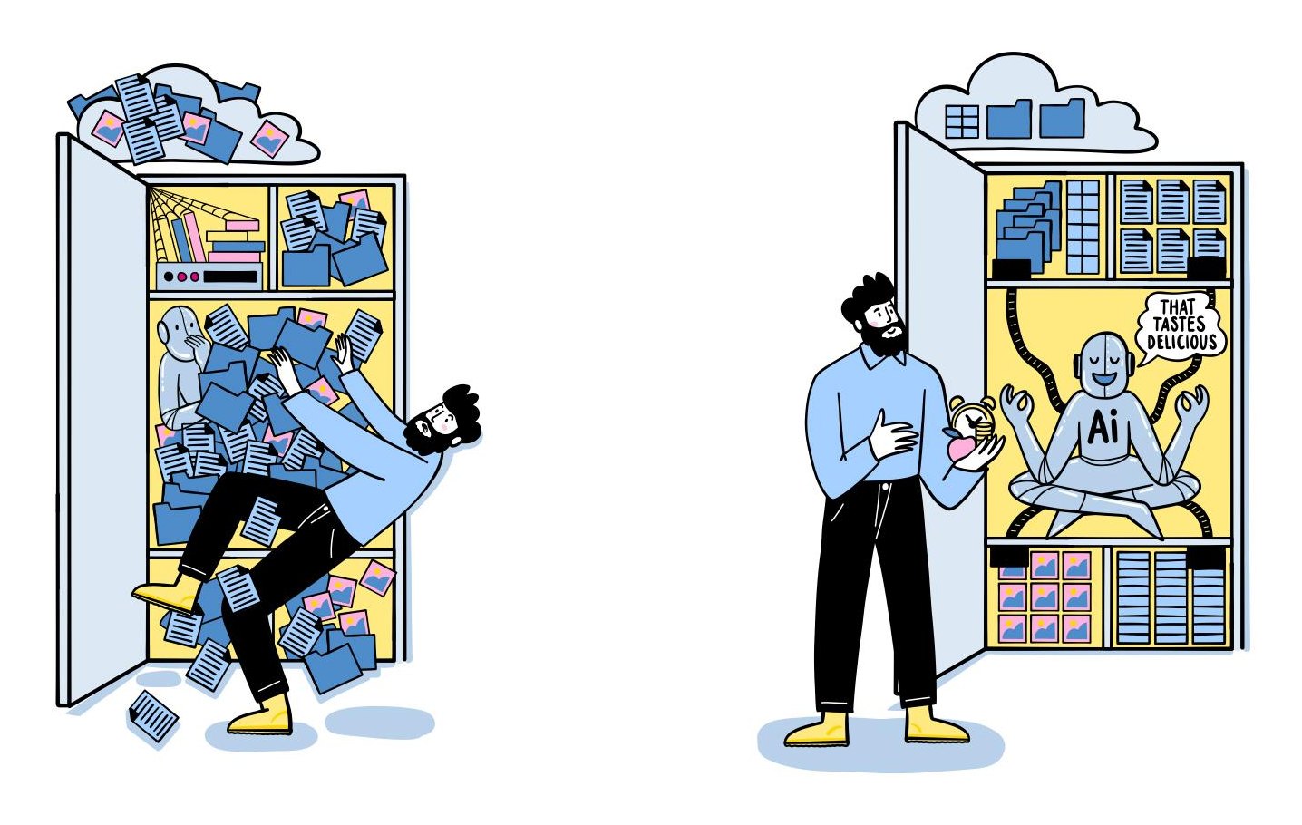 Illustration: overflowing data cupboard before, ordered data cupboard with a relaxed AI after the cleanup