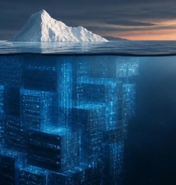 An iceberg: a small white tip above the sea, a large structure of glowing data blocks hidden below the waterline