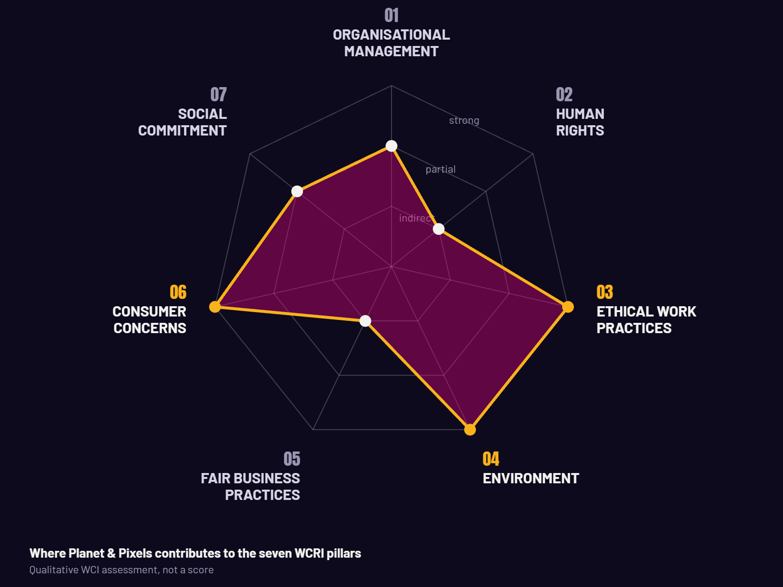 Spider chart of the seven WCRI pillars: Planet & Pixels contributes strongly to ethical work practices, environment and consumer concerns, partly to organisational management and social commitment, indirectly to human rights and fair business practices